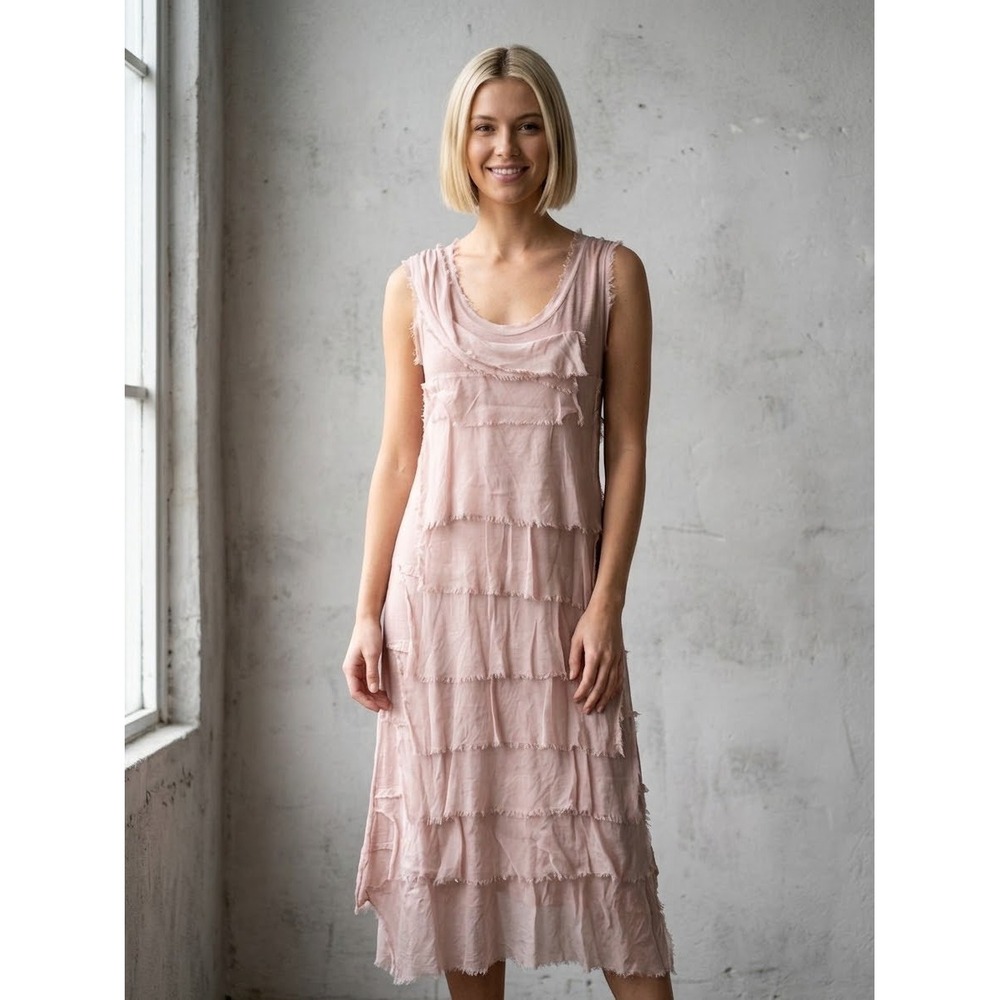 Made in Italy Silk Blend Tiered Ruffle Midi Dress Pink Boho Laganlook Small